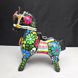 Peru Ceramic Pucara Horse Figurine Floral Candle Holder Handmade Folk Art 7"